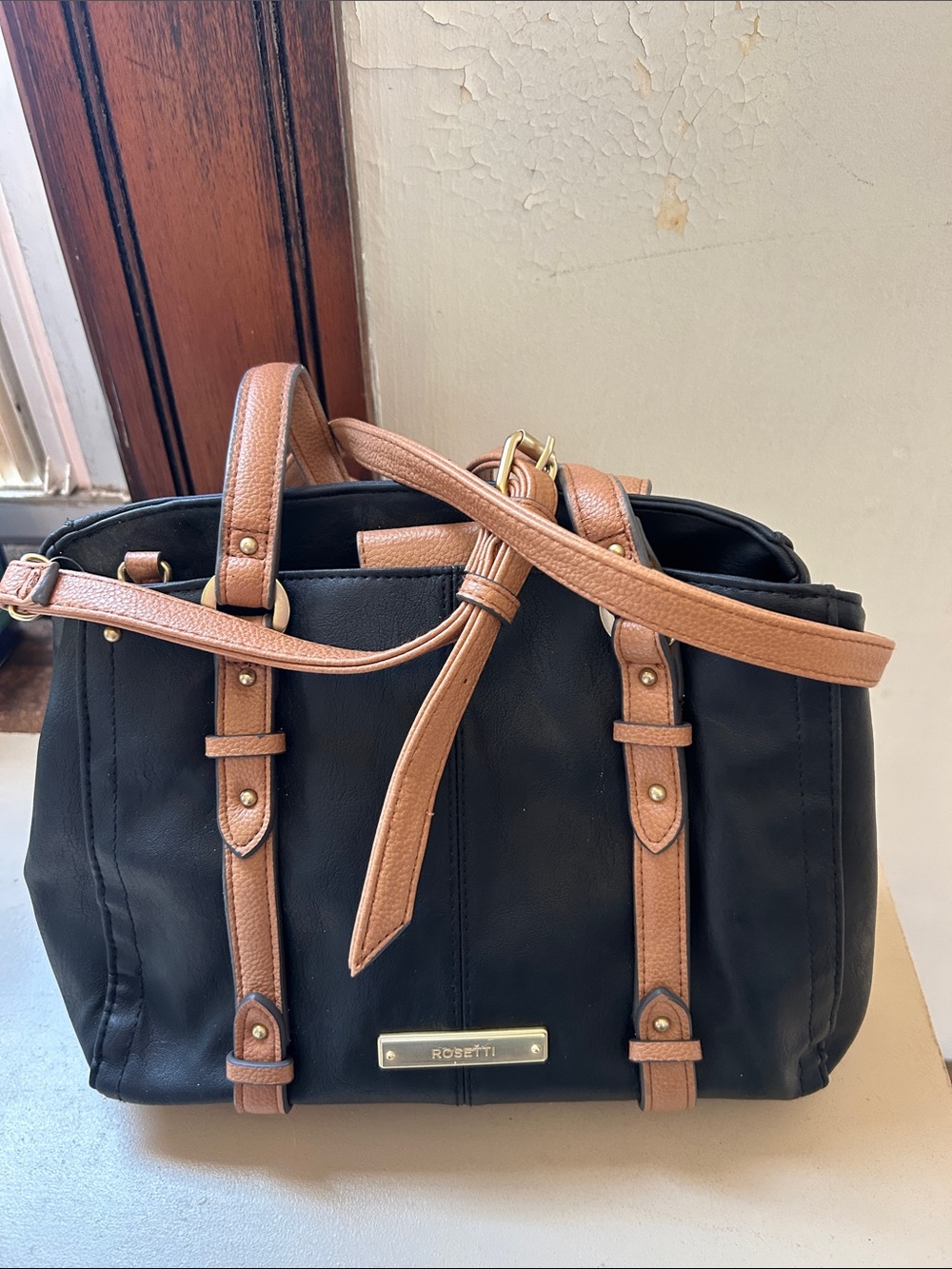 Rosetti Black Satchel and crossbody strap Tan Accents Roomy interior EUC
